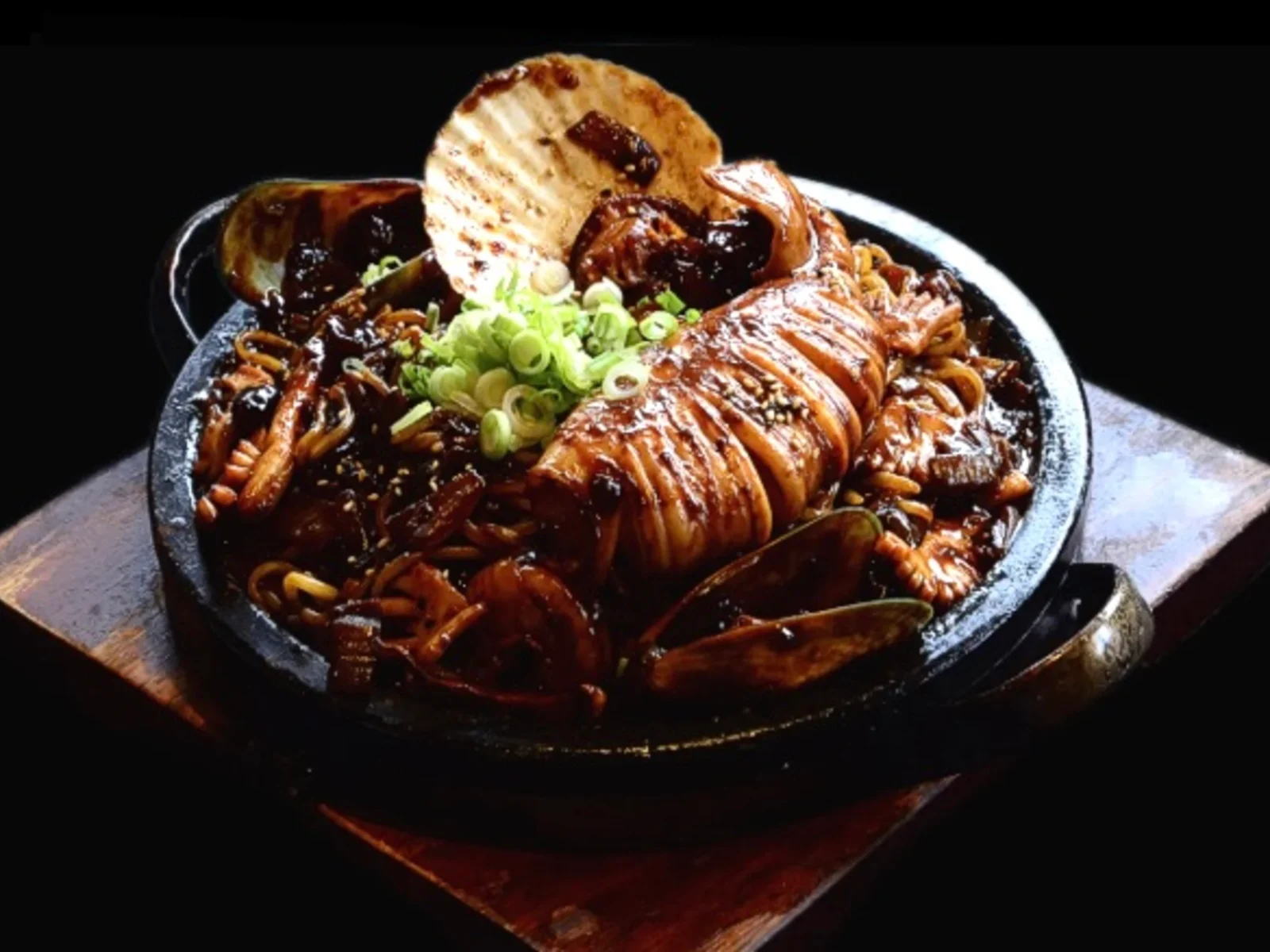 Seafood Black Bean Noodle on Hot Plate (해물돌판짜장)